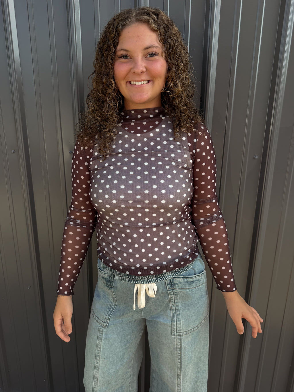 POLKA DOT FITTED LONG SLEEVE MESH TOP