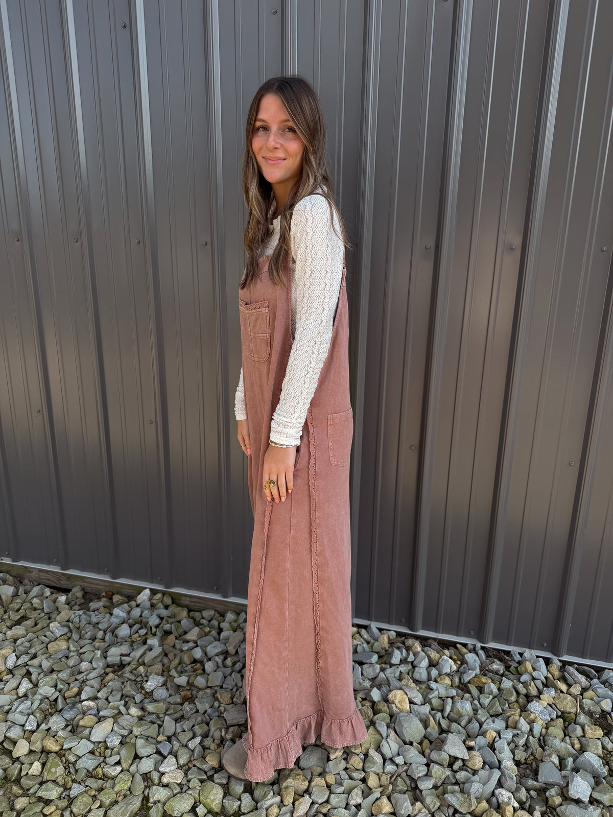 MINERAL WASHED RUFFLE HEM OVERALLS