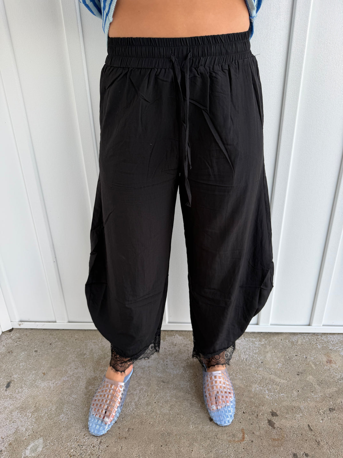 lace trim barrel pants