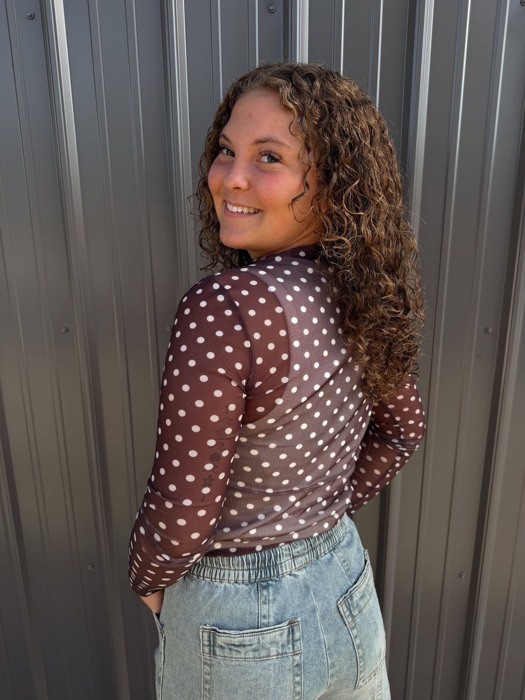 POLKA DOT FITTED LONG SLEEVE MESH TOP