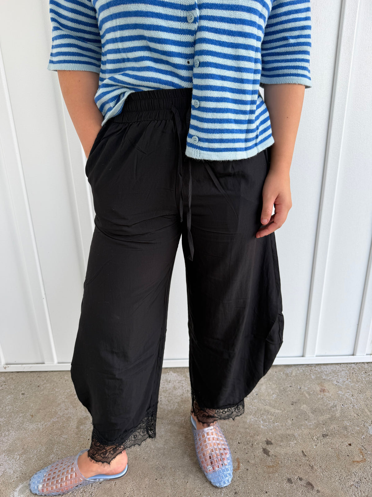 lace trim barrel pants