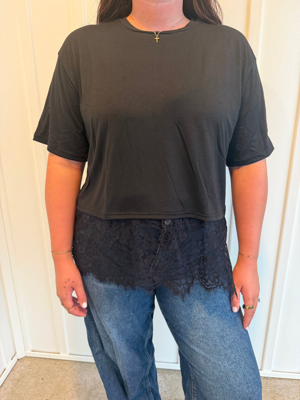 Solid Lace Trim T Shirt Loose Fit Round Neck Top