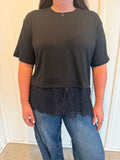 Solid Lace Trim T Shirt Loose Fit Round Neck Top