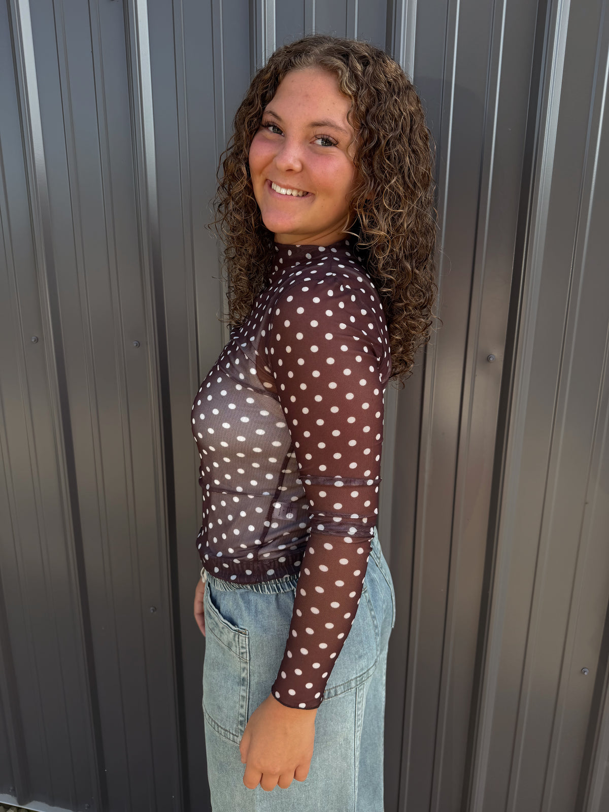 POLKA DOT FITTED LONG SLEEVE MESH TOP