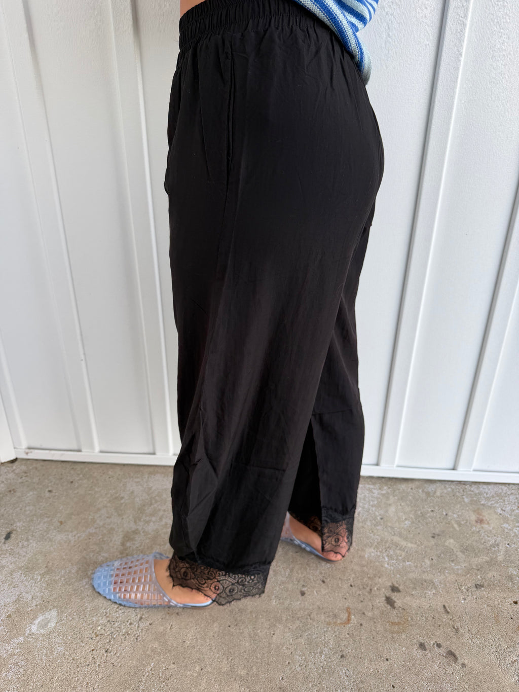 lace trim barrel pants