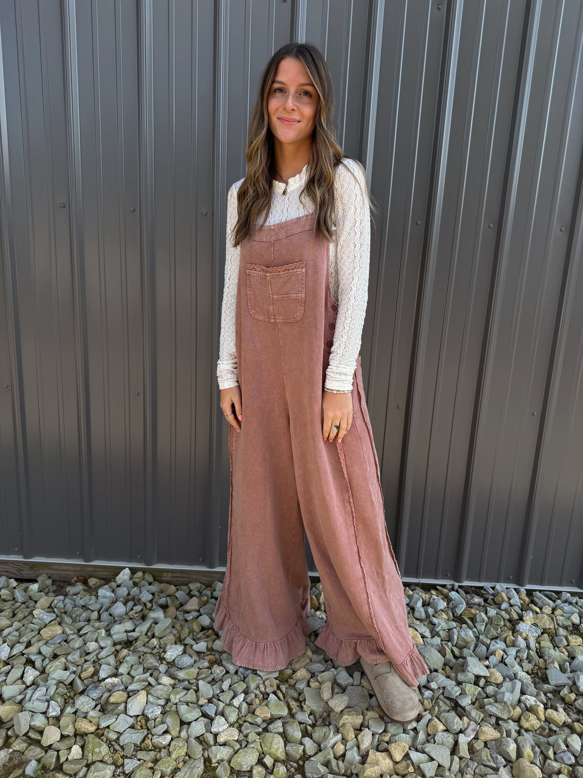 MINERAL WASHED RUFFLE HEM OVERALLS