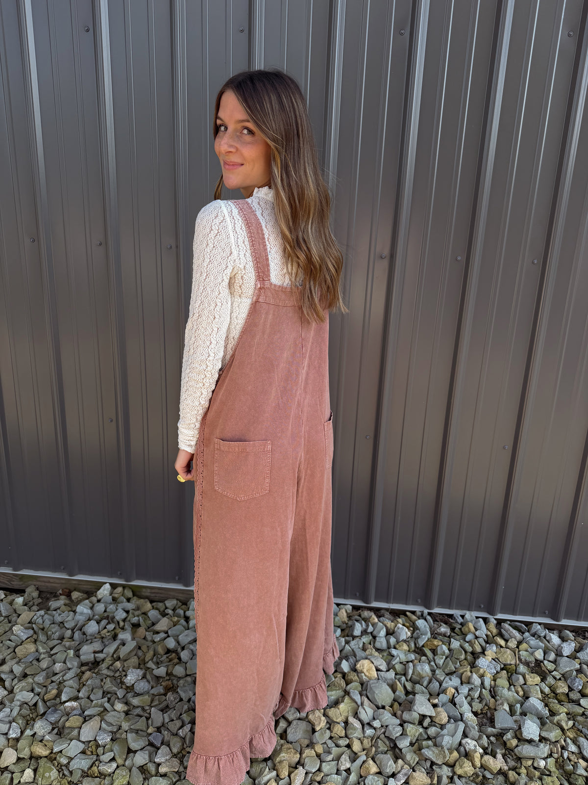 MINERAL WASHED RUFFLE HEM OVERALLS
