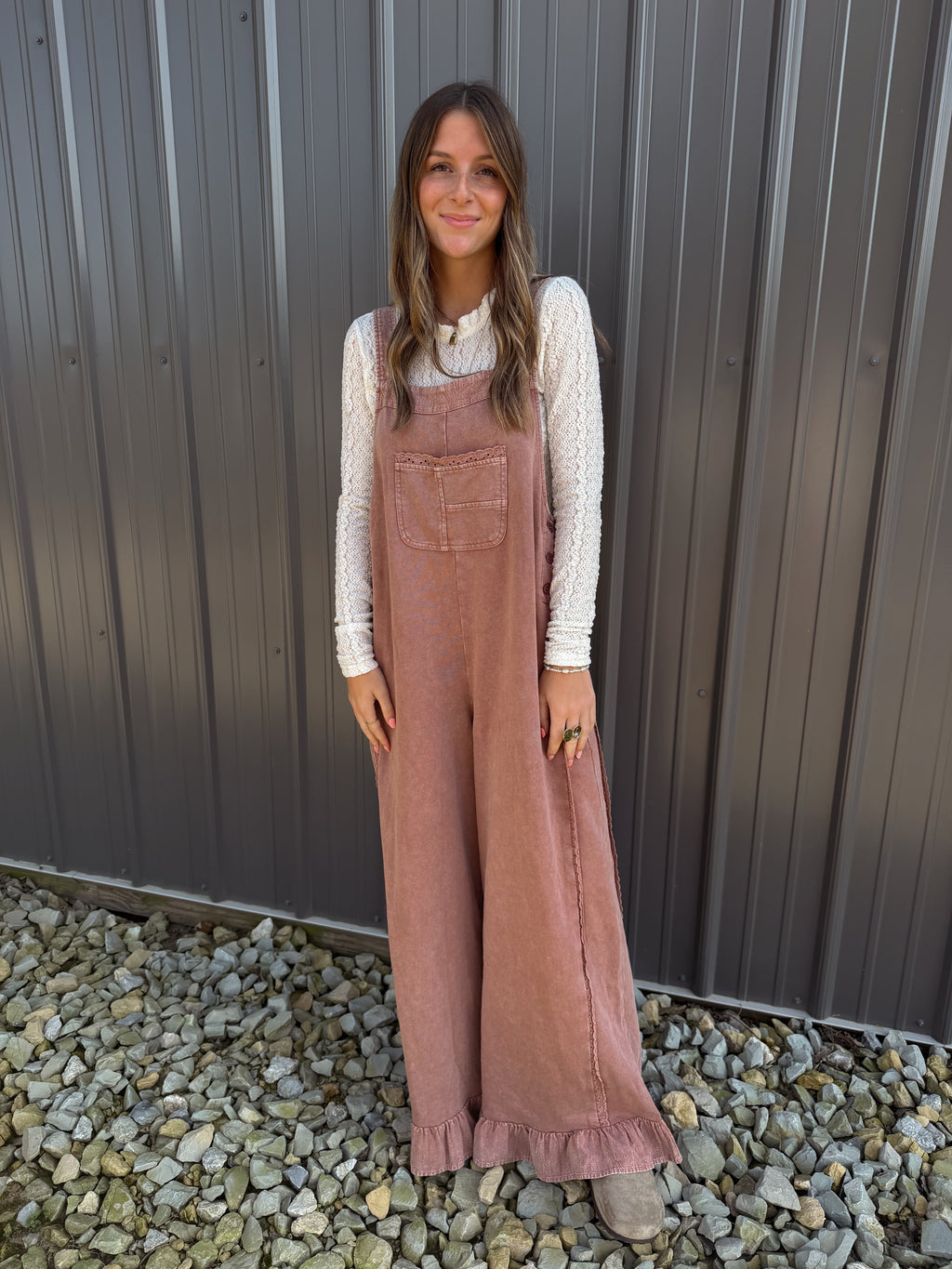 MINERAL WASHED RUFFLE HEM OVERALLS